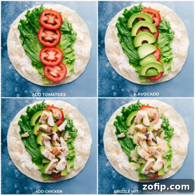 Close-up of Italian Wraps with layers of tomatoes, avocado, chicken, and dressing visible before rolling.