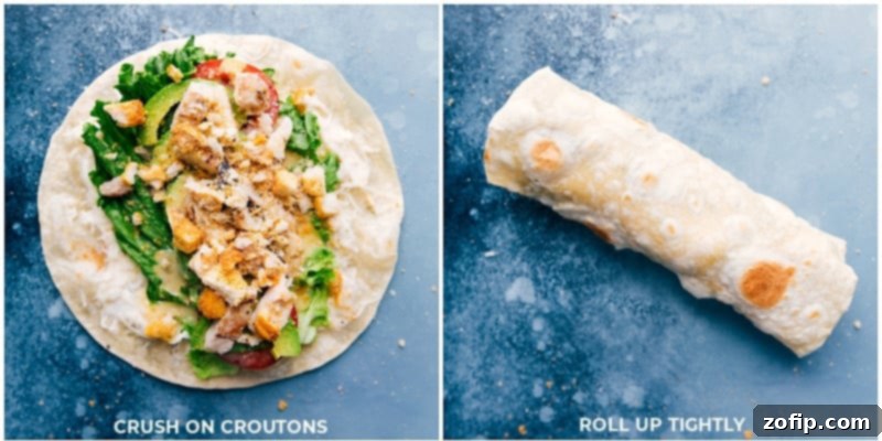 Step-by-step: Croutons being crushed and the Italian Wrap being rolled tightly for serving.