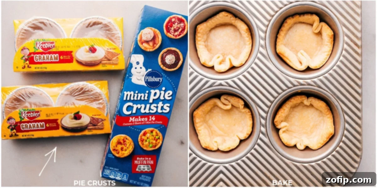 Dual pie crust options for sweet treats Two enticing options of mini pie crusts are elegantly displayed side by side, showcasing both golden graham cracker crusts and rich chocolate Oreo crusts, ready to be filled with decadent sauces and toppings for a personalized dessert experience.