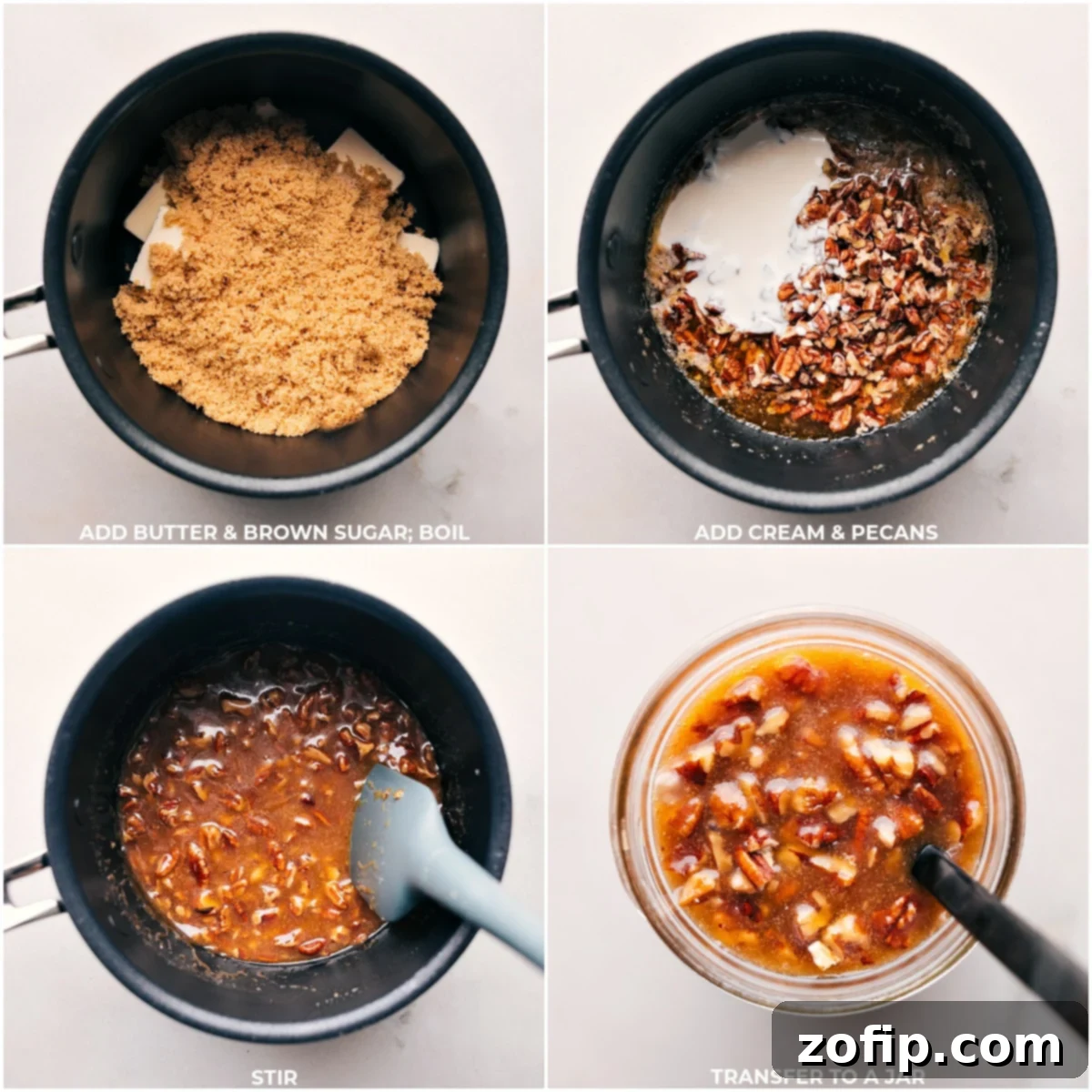 Butter-pecan syrup creation for Dessert Pie Bars A mesmerizing cooking process captures butter and brown sugar simmering together in a saucepan, followed by the luscious addition of heavy cream and crunchy pecans, all being expertly stirred to create a rich, golden, and deeply flavorful pecan sauce, an essential component for any premium Dessert Pie Bar.