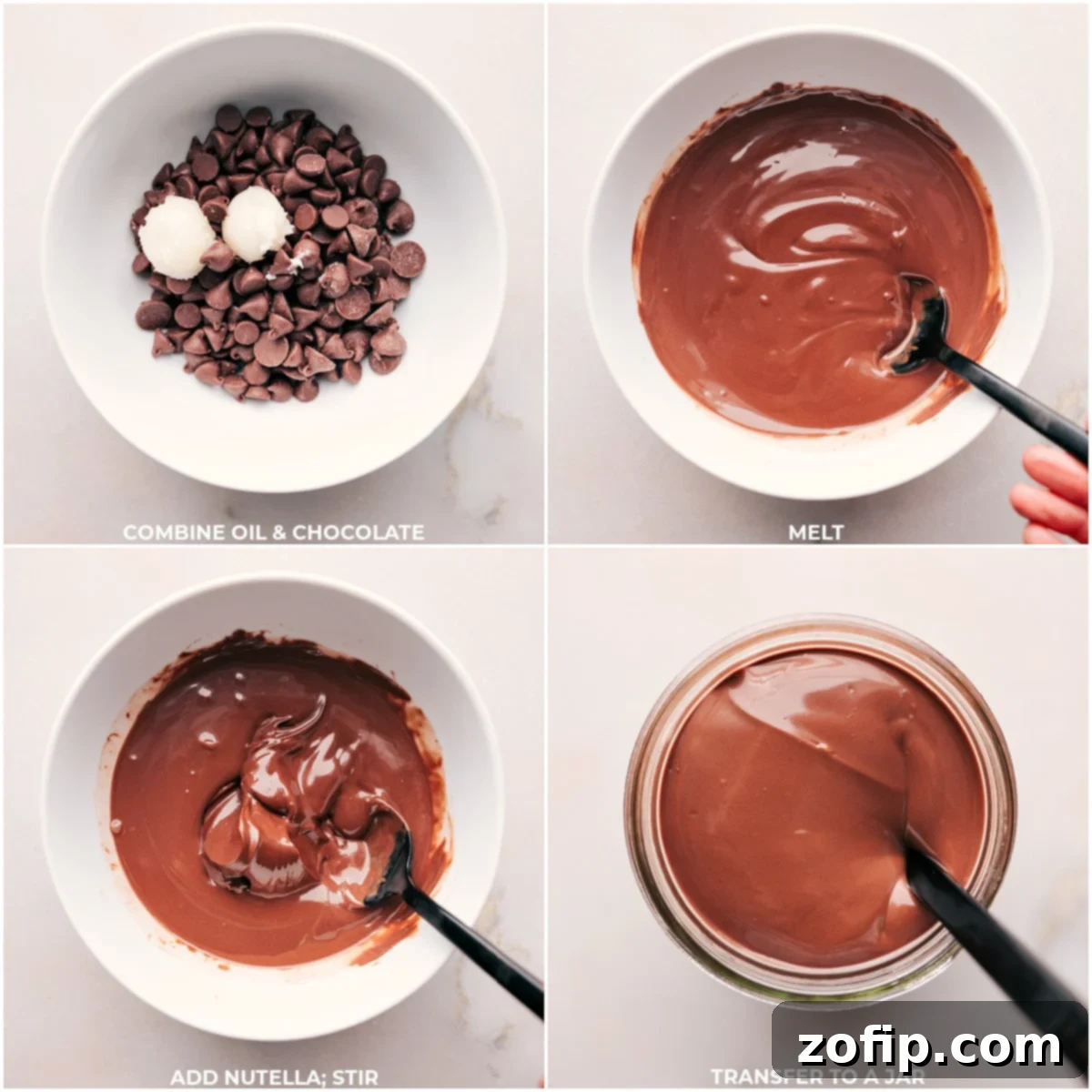 Melted chocolate for a topping in this Dessert Pie Bar A captivating close-up captures high-quality chocolate chips in the process of melting, gradually transforming from solid, textured morsels into a smooth, glossy, and intensely rich liquid, perfect for a decadent topping in this customizable Dessert Pie Bar.