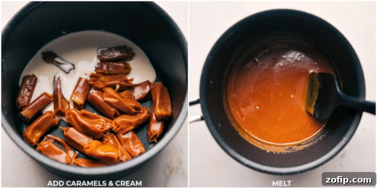 Delicious caramel topping A close-up view captures the luxurious process of combining rich caramel with creamy heavy cream in a saucepan, as they gently melt and swirl together to create a smooth, glossy, and utterly delicious caramel topping, a perfect indulgence for any Dessert Pie Bar.