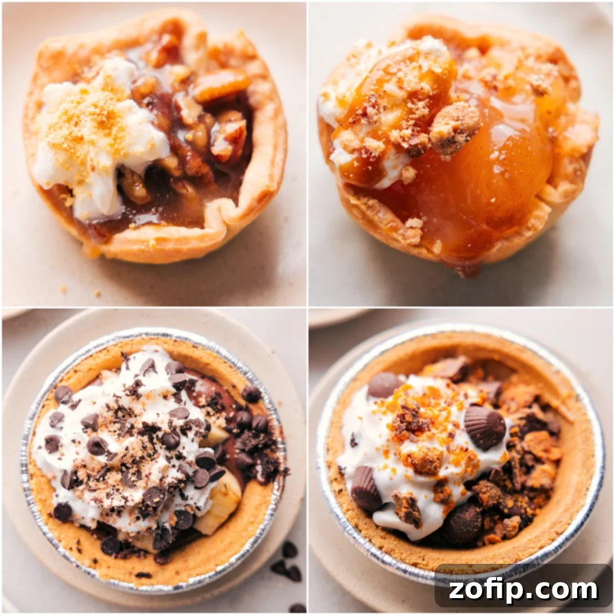 Dessert Pie Bar fun A delightful presentation of four distinct mini pies, showcasing the endless creative possibilities of a DIY Dessert Pie Bar, each crafted with a unique combination of crust, sauce, and toppings, inviting guests to explore and enjoy their personalized sweet creations.