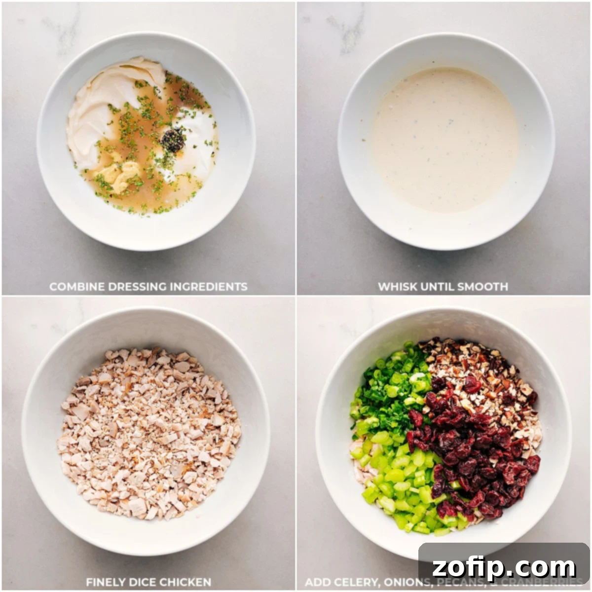 Blending Dressing and Merging with Chicken Salad Ingredients A visual guide showing the distinct dressing ingredients harmoniously blending together in a bowl, before being incorporated into the main chicken and cranberry mixture, promising a rich and creamy coating.