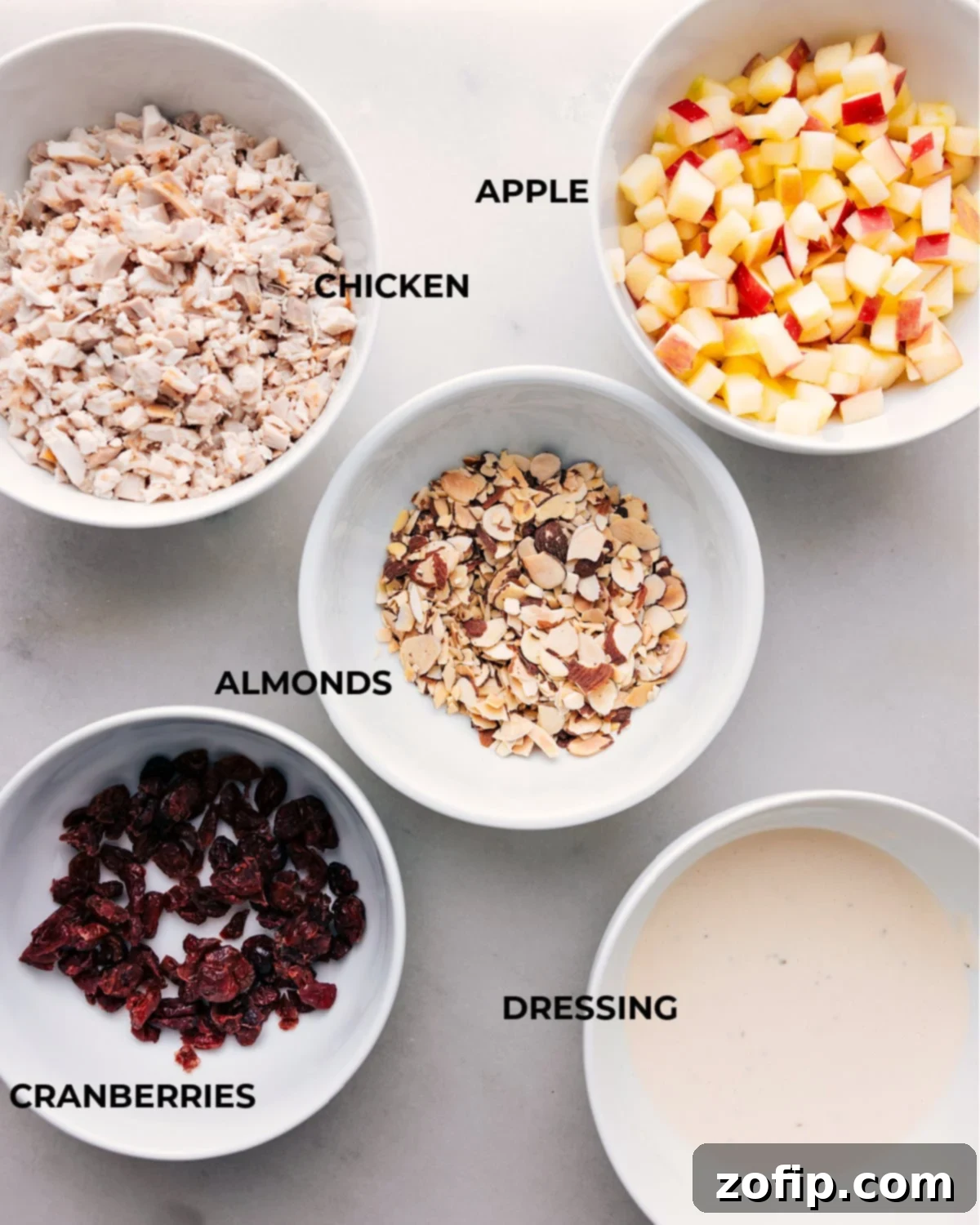 Assorted ingredients for a recipe displayed on a rustic wooden board, including diced chicken, apples, almonds, cranberries, green onions, and various dressing components, ready for preparation.
