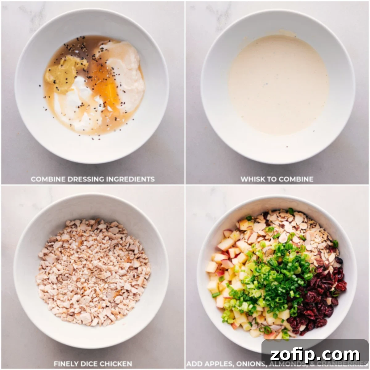Two mixing bowls on a countertop: one with creamy dressing ingredients being whisked smooth, and the other with diced chicken, apples, almonds, and cranberries waiting to be combined.