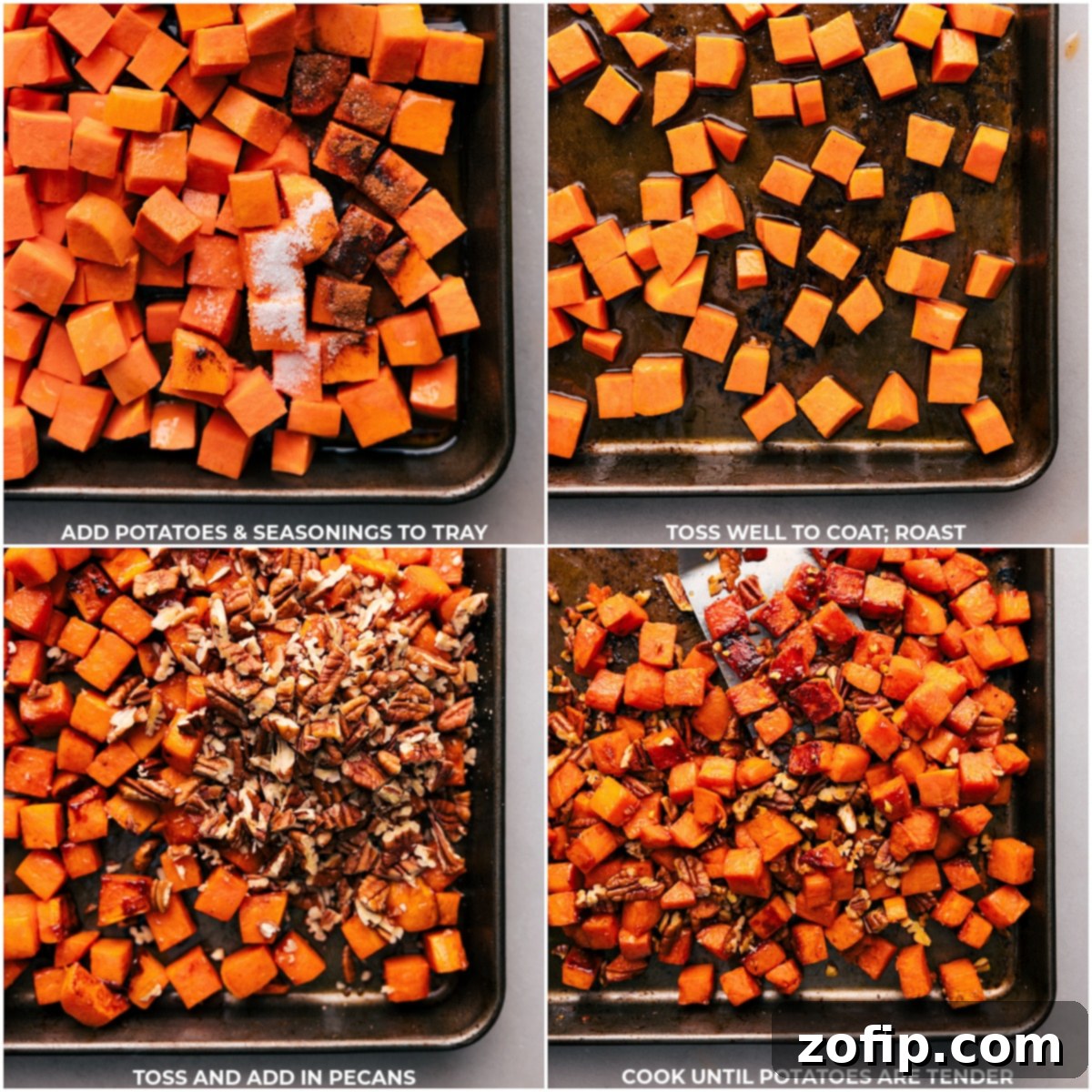 Roasting sweet potatoes: from raw, peeled chunks, to their placement on a baking sheet, and finally their transformation into golden-brown, roasted delights.