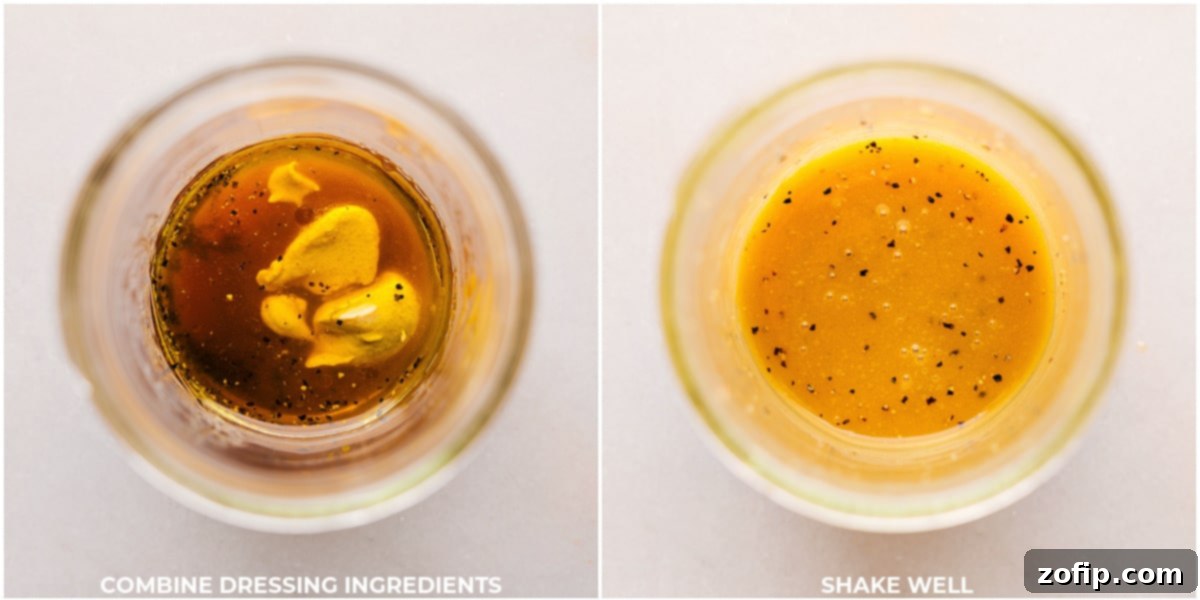 Creation of the salad dressing, with various ingredients being poured and mixed together in a mason jar.