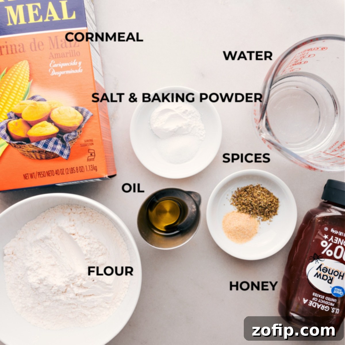 The foundation of flavor: Ingredients for No-Yeast Pizza Dough Ingredients for making No-Yeast Pizza Dough, neatly laid out on a kitchen counter.