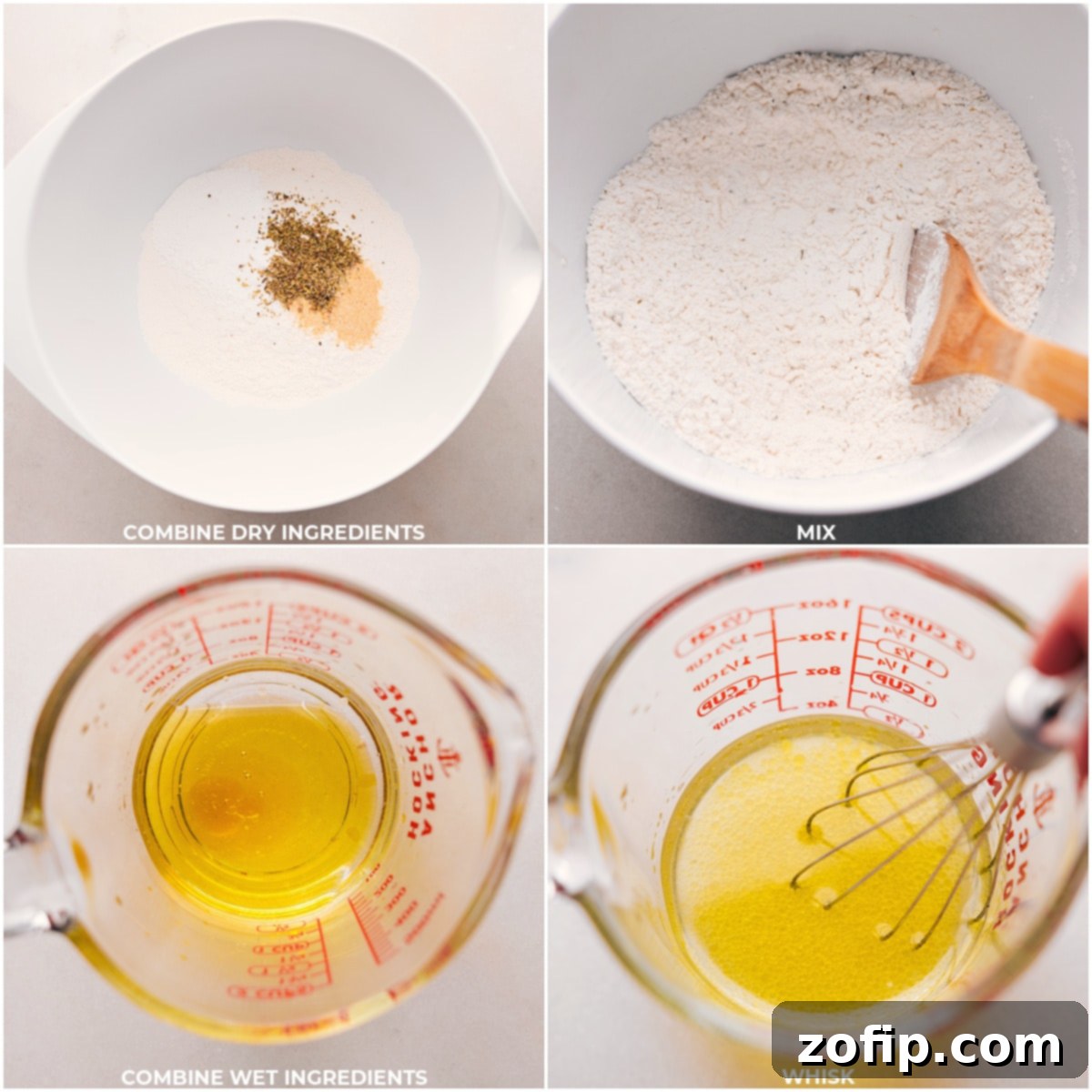 Step by Step: Separating dry and wet ingredients for the perfect mix Dry ingredients in one bowl and wet ingredients in another, prepared for mixing separately.
