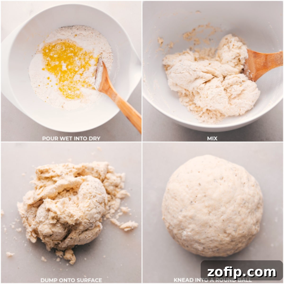 Crafting the base: Combining and shaping No-Yeast Pizza Dough Wet and dry ingredients combined, kneaded, and rolled into a smooth ball of No-Yeast Pizza Dough.
