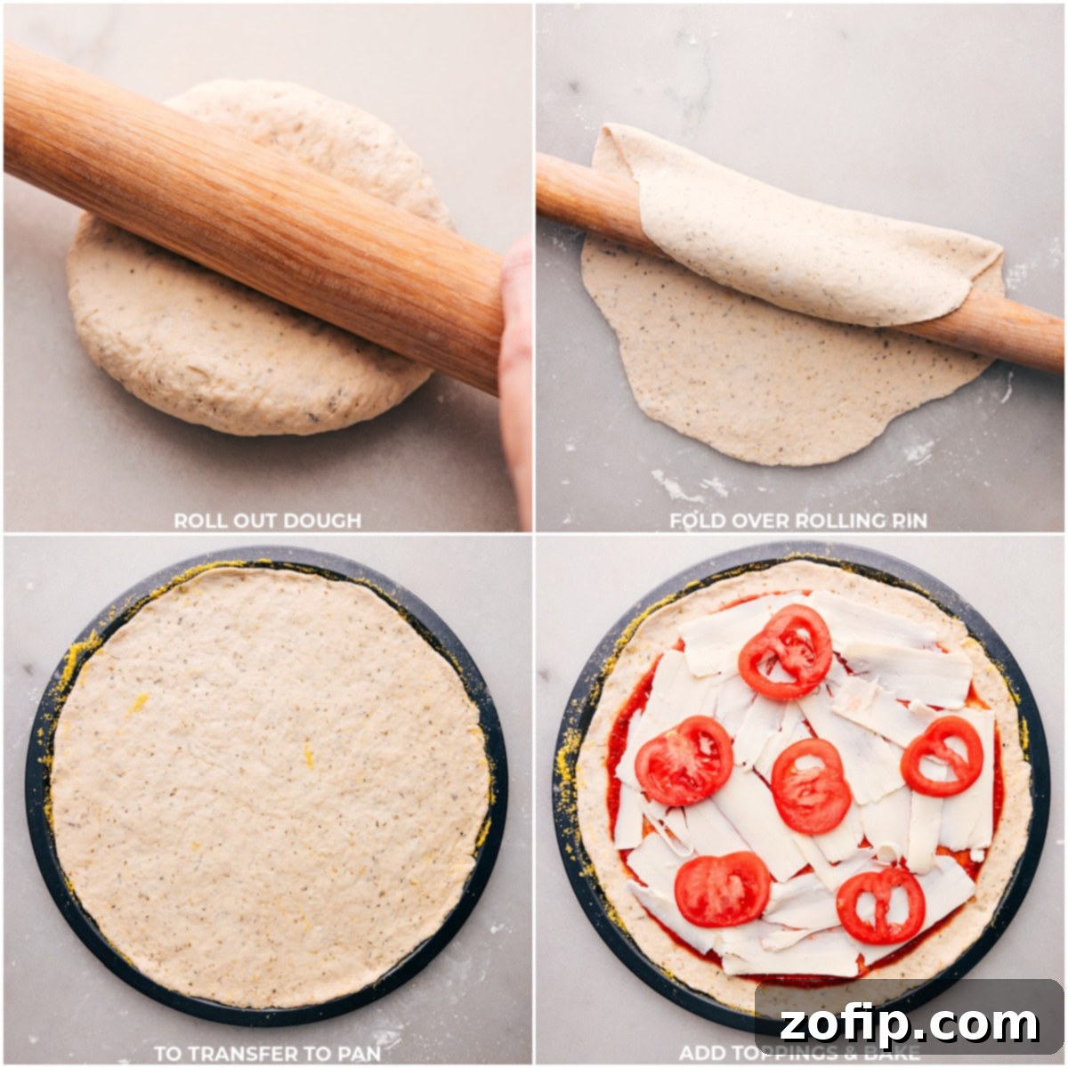 From dough to delight: Assembling the perfect No-Yeast Pizza Dough being rolled out on a pizza pan with various toppings being strategically spread across its surface.