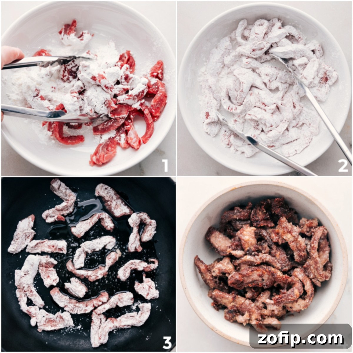 Thinly sliced flank steak being tossed with cornstarch in a bowl, preparing it for searing to achieve a tender and slightly crispy texture.