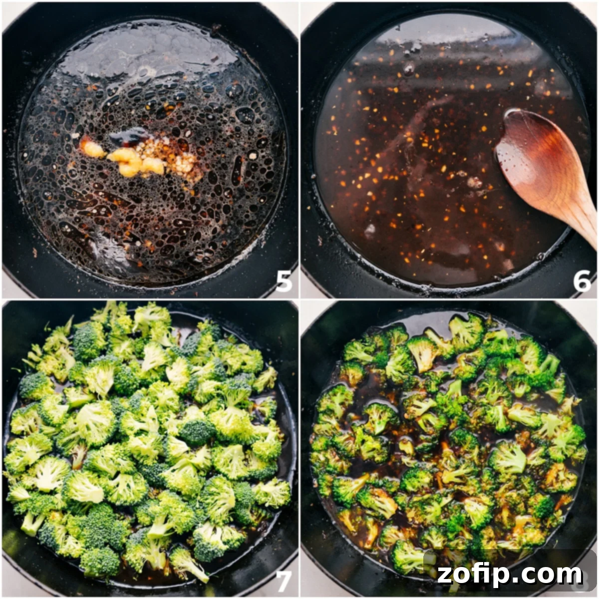 The savory sauce simmering in a pot, with fresh broccoli added on top to steam, creating a delicious base for the ramen.