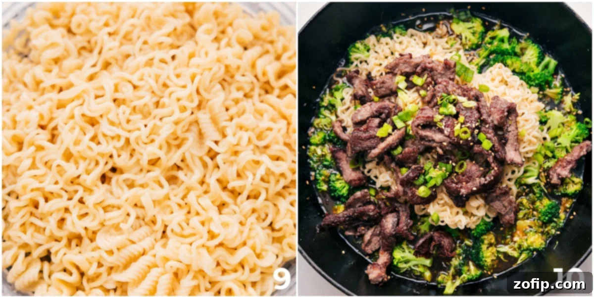 Cooked ramen noodles being gently tossed with the rich sauce, seared beef, and tender broccoli in a large skillet, ensuring every component is perfectly coated.