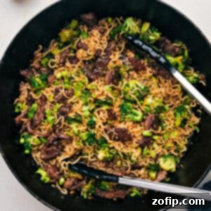 A portion of Beef and Broccoli Ramen in a bowl, showcasing the tender beef, green broccoli, and flavorful noodles.