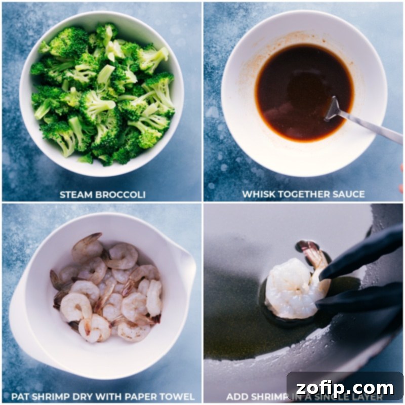 Process shots showing ingredients for Honey Garlic Shrimp: broccoli being added to a bowl, sauce whisked together in a bowl, and raw shrimp prepped and placed on a frying pan.