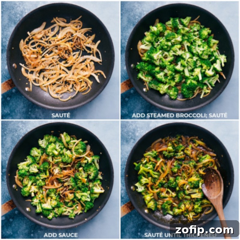Process shots showing the final steps of preparing Honey Garlic Shrimp: adding broccoli and sauce to the pan and sautéing all ingredients together.