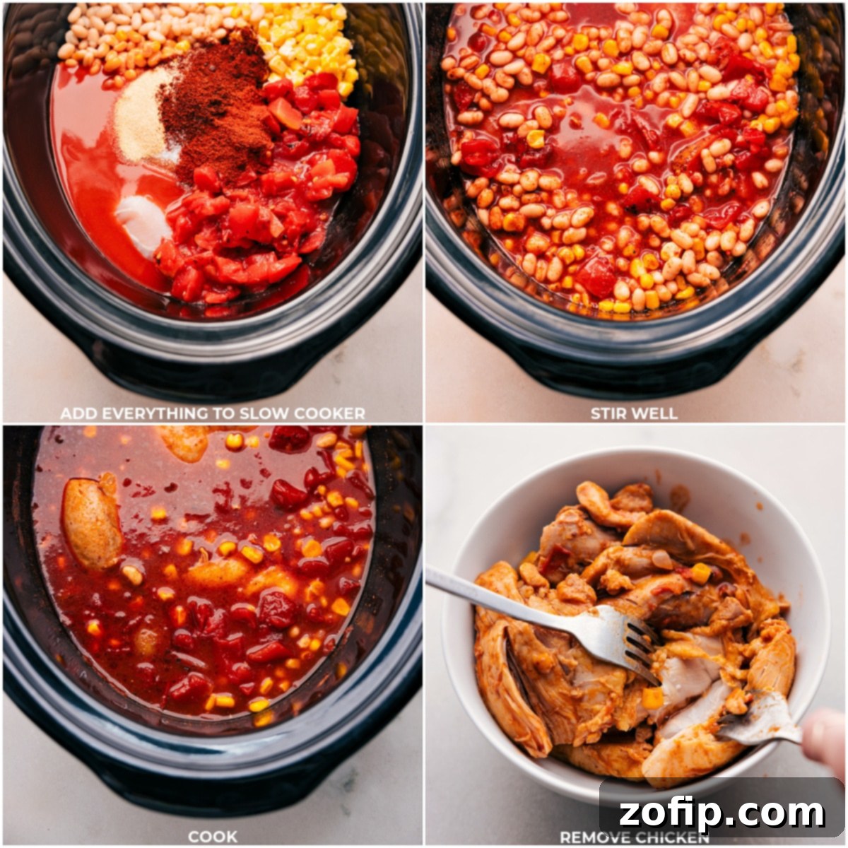 All the ingredients for the Buffalo Chicken Chili being added to the crockpot and it all being cooked to perfection.