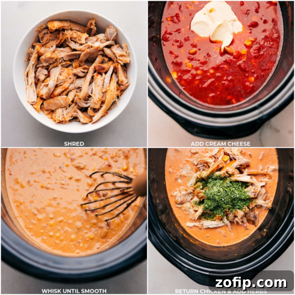 Chicken being shredded, cream cheese being added, and it all being mixed together to create the perfect comfort food.