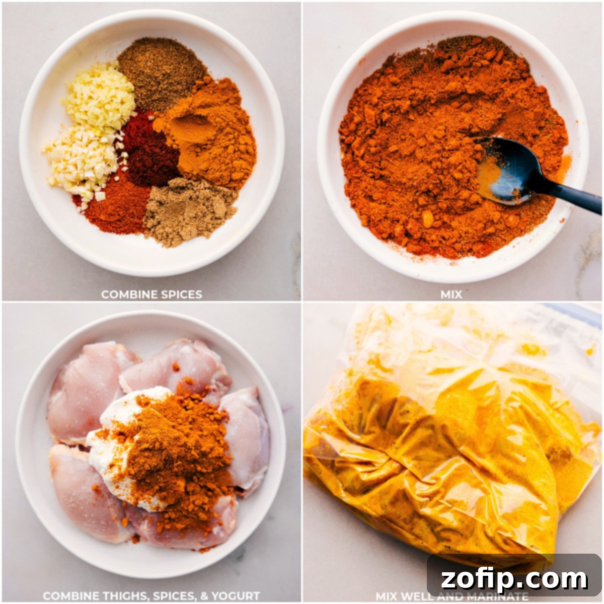 Preparing Chicken: Mixing Spices, Coating, and Marinating for Maximum Flavor in Tikka Masala Carefully mixing a fragrant blend of aromatic spices, then thoroughly coating the tender chicken pieces, allowing them to marinate deeply in the flavorful mixture.