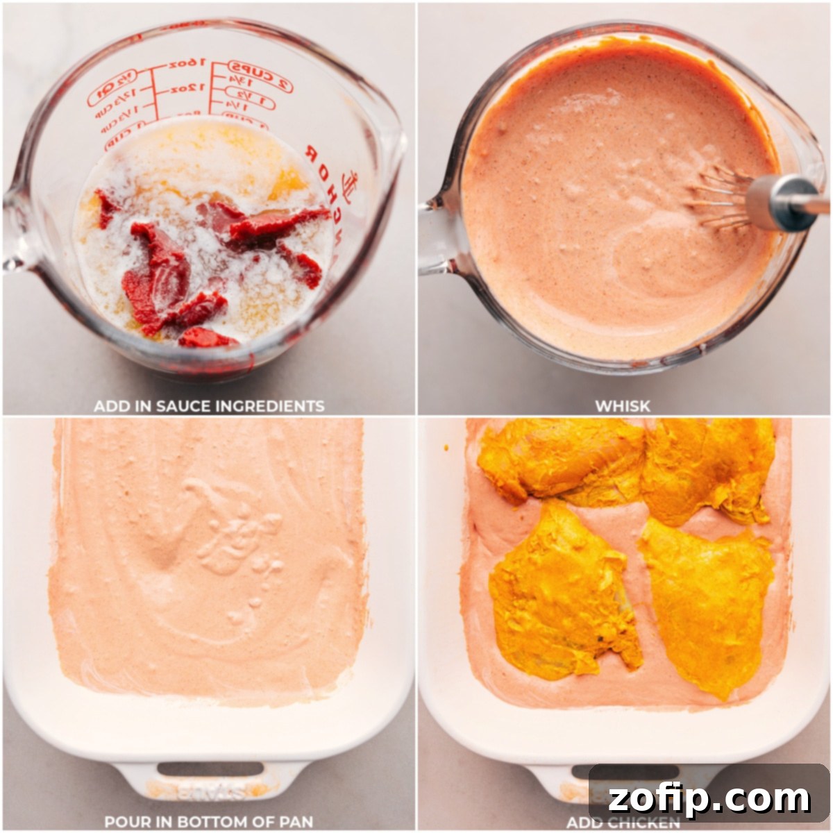 Preparing Sauce and Coating Marinated Chicken with Care for Optimal Flavor Adding a variety of rich sauce ingredients and expertly whisking them together to create a flavorful coating for the chicken in the one-pan Tikka Masala recipe.