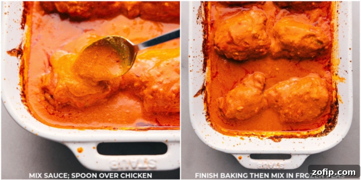 Recipe Steps: Oven, Sauce Mixing, and Peas Addition for Perfect Tikka Masala A sequence of recipe steps showing Tikka Masala: taking it out of the oven, mixing the rich sauce, returning it briefly, and finally adding fresh peas for color and flavor.