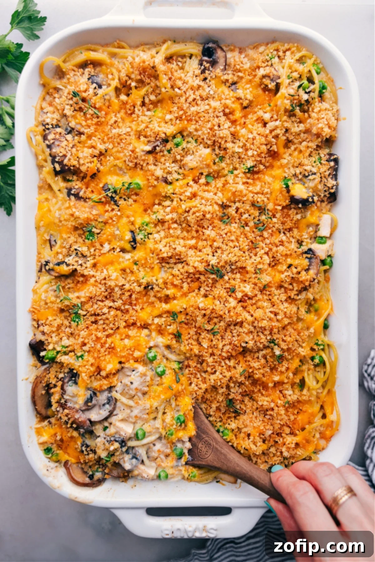 A finished dish of delicious Turkey Tetrazzini, showcasing the crisp top and the mouthwatering interior.