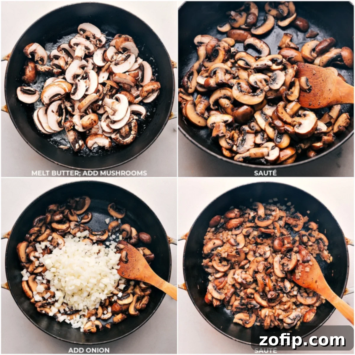 Sautéing mushrooms and onions in a pan until they become tender.