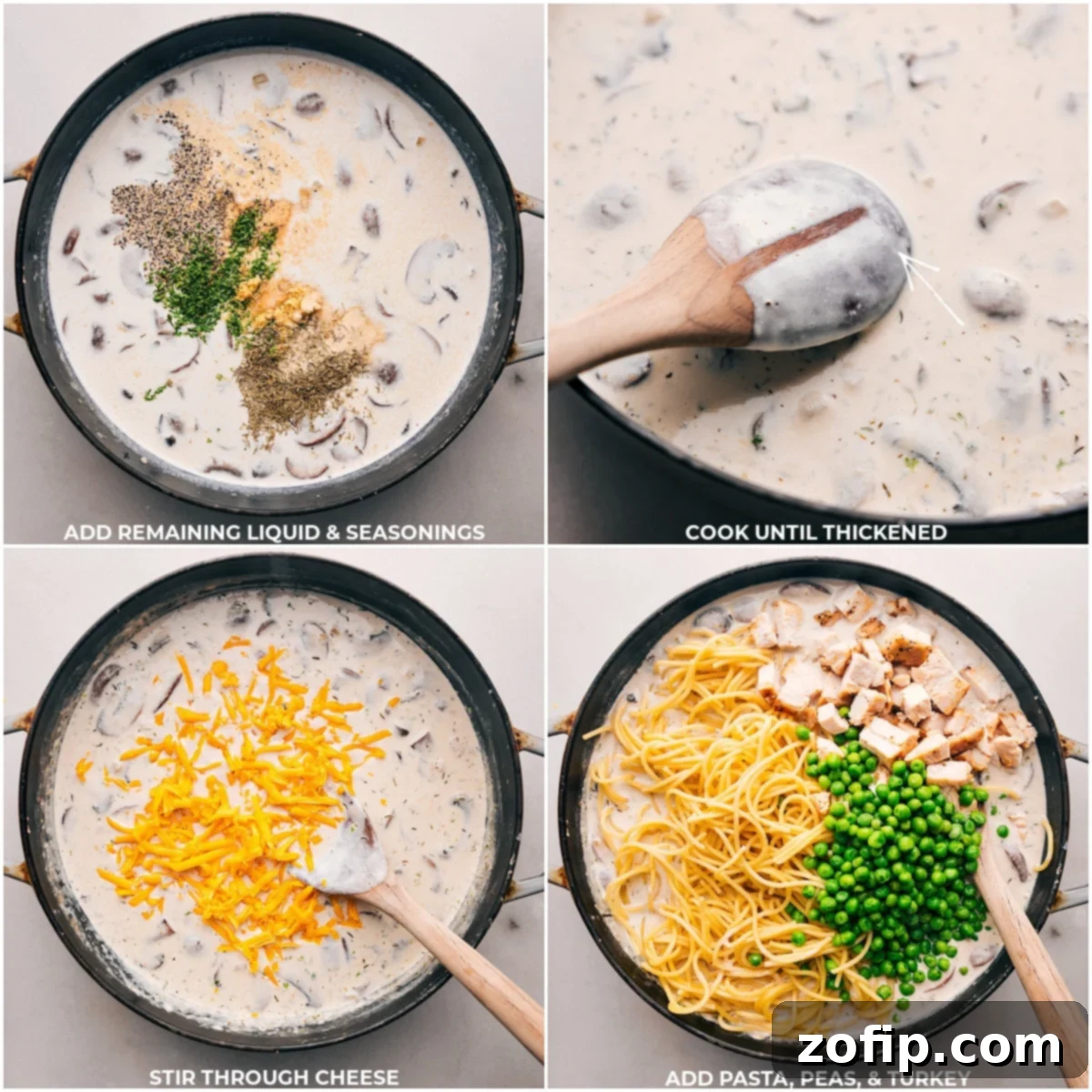 Incorporating the remaining seasonings and other ingredients into the Turkey Tetrazzini until well mixed.