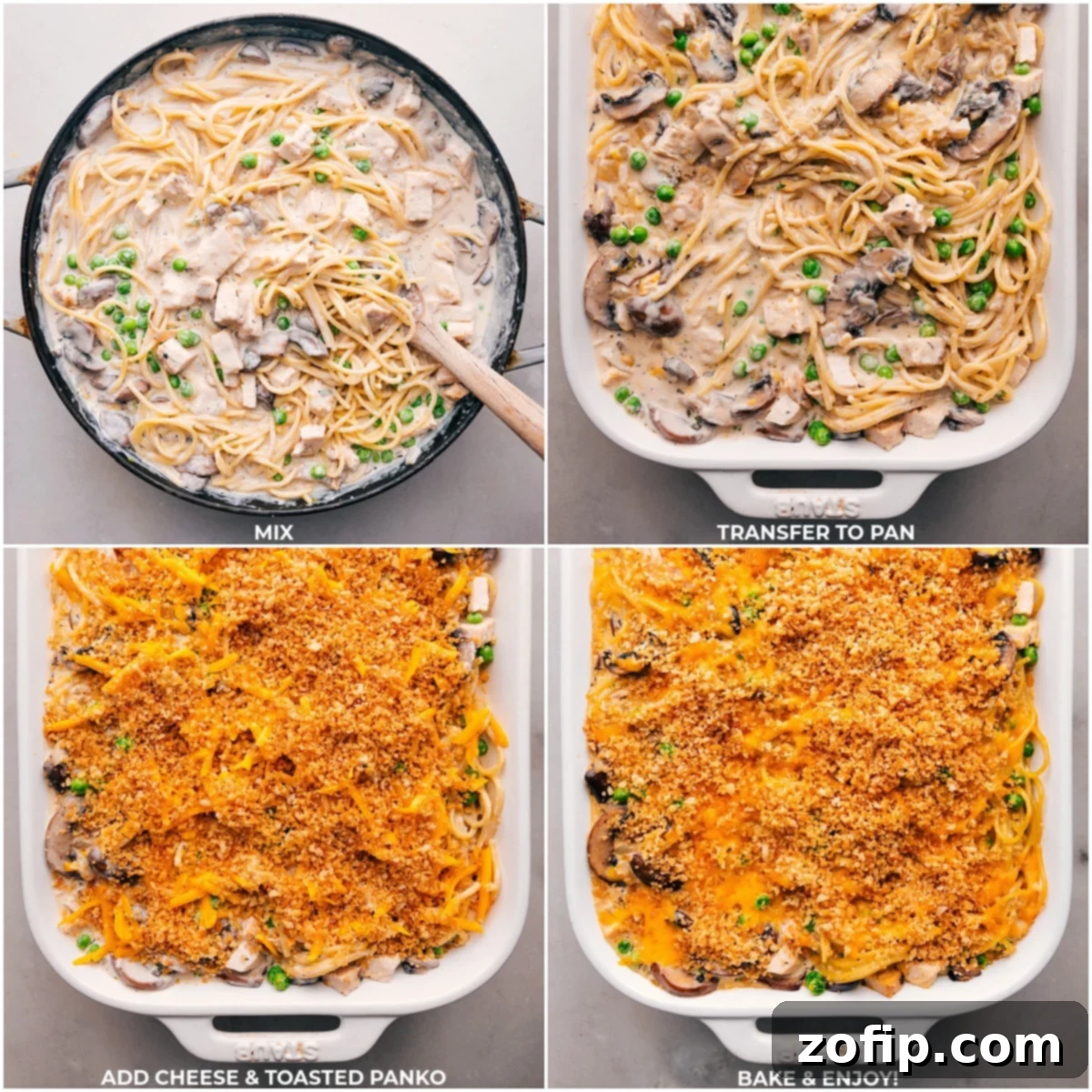 Transferring the fully mixed ingredients to a pan and adding cheese and toasted panko on top before baking.