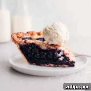 Sweet Mixed Berry Pie 3 A tantalizing slice of berry pie topped with a melting scoop of vanilla ice cream, presented on a plate.