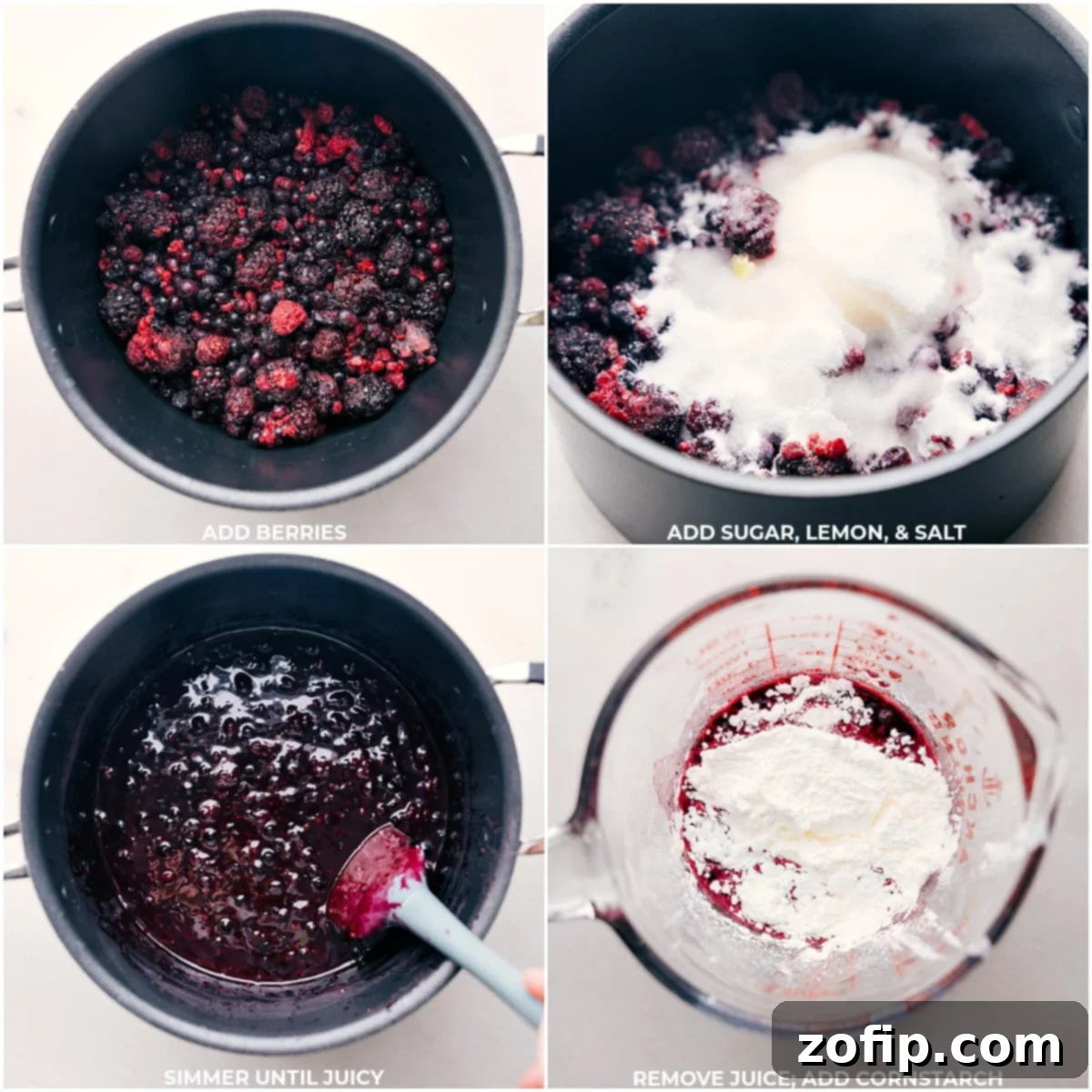 Cooking Berry Pie Filling All the mixed berries, sugar, lemon, salt, and cornstarch being added to a large pot to simmer gently until juicy, forming the delicious berry pie filling.