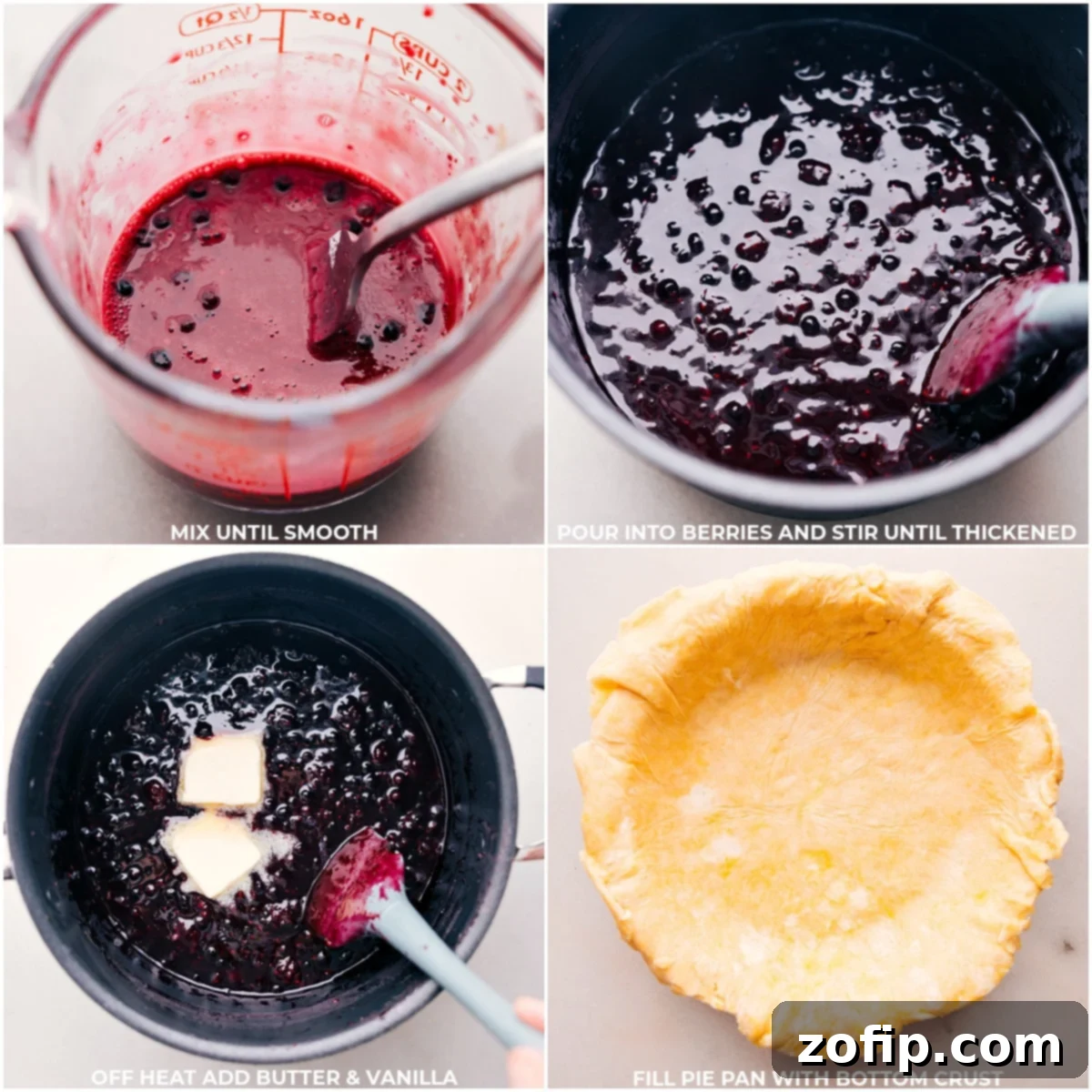 Preparing The Delicious Berry Pie Melted butter and vanilla being stirred into the cooked berry mixture, and a perfectly rolled pie crust being prepared for baking.