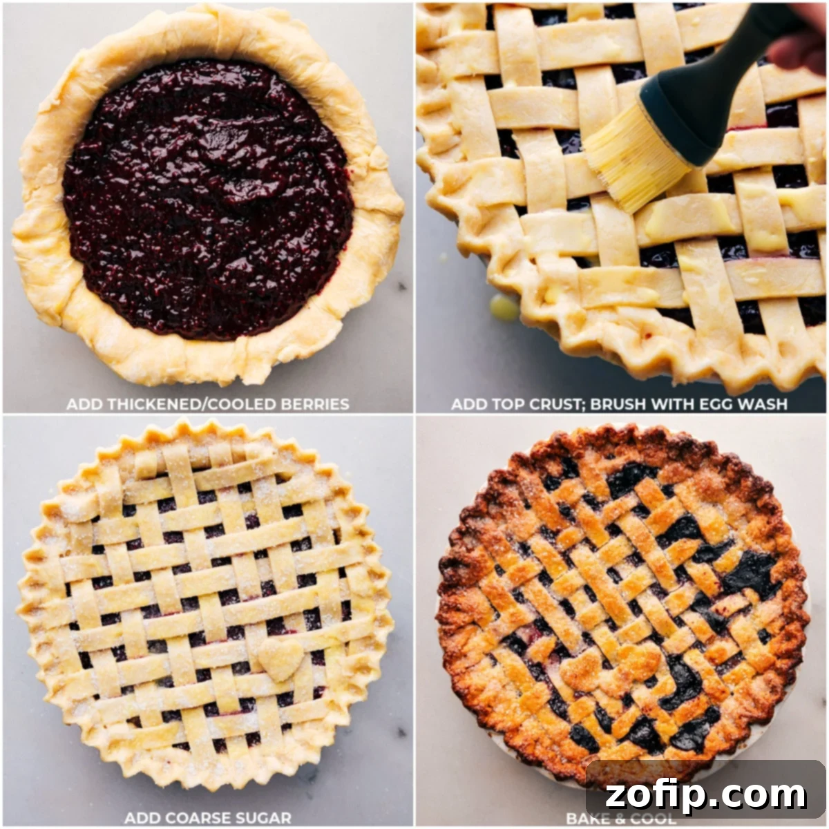 BAKING BERRY PIE A visual collage illustrating the key stages of preparing a berry pie: filling the pie with cooled and thickened berries, adding the top crust, brushing it with an egg wash, and the final result of a beautifully baked Berry Pie.