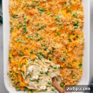 Delicious casserole of chicken tetrazzini with a crispy, flavorful top ready to be enjoyed.