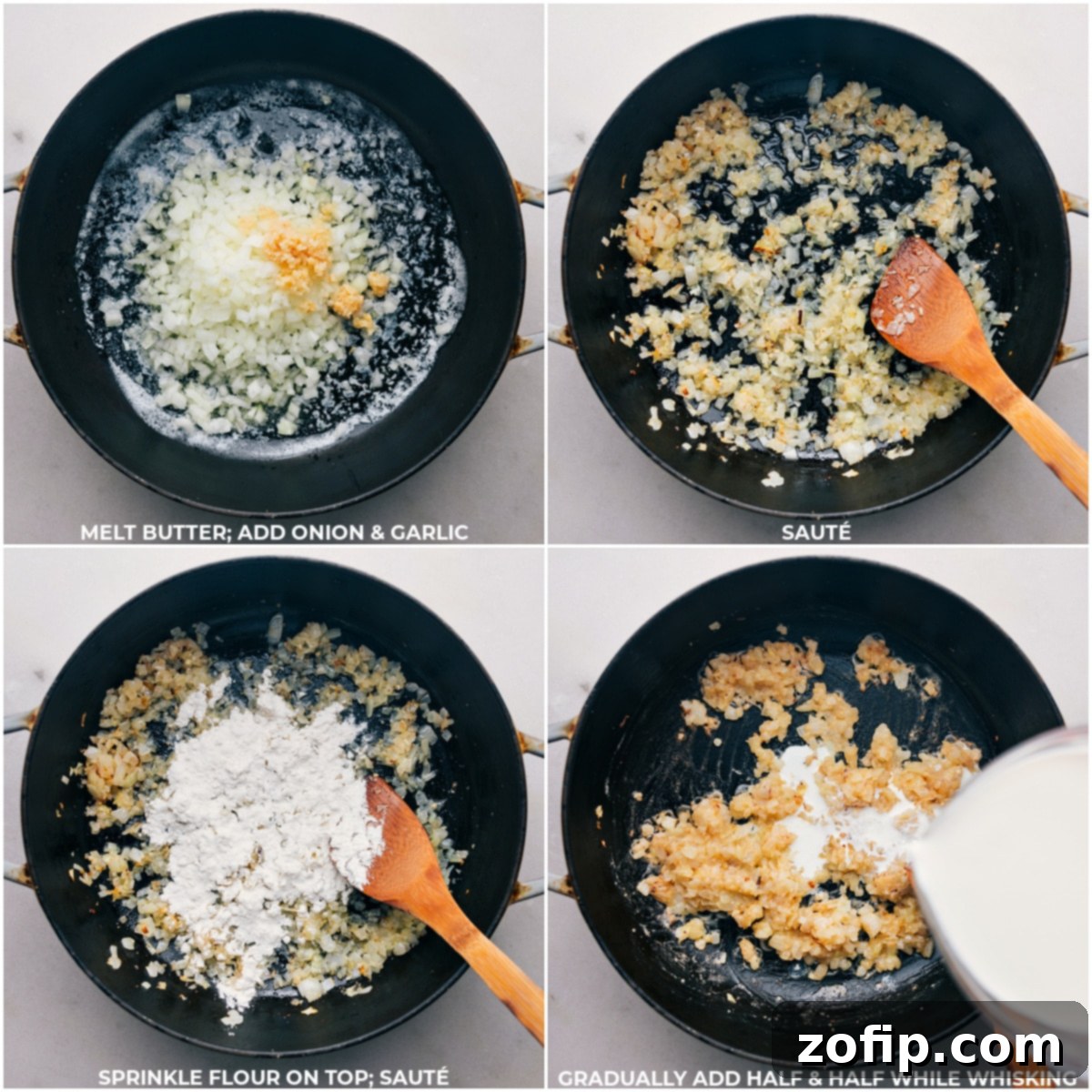 Melting butter and sautéing onion and garlic, then adding flour and half-and-half and whisking together.