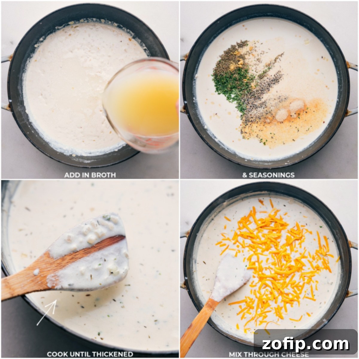 Adding broth and seasonings to a pot, cooking until thickened, and mixing in cheese to melt.