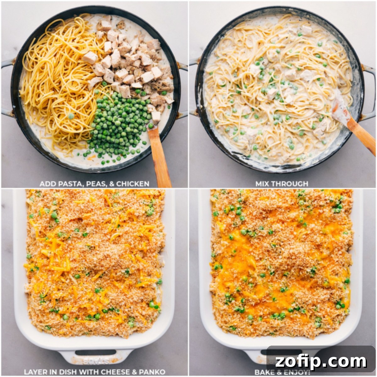 Adding pasta, peas, and chicken to a casserole dish, topped with cheese and panko to complete the chicken tetrazzini recipe.