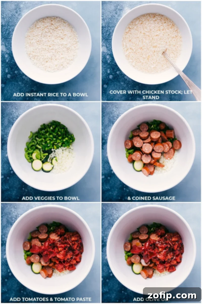Process shots: adding instant rice to a bowl with chicken stock, prepping veggies and sausage, and adding that all in a bowl with tomatoes, tomato paste, and olive oil for Tin Foil Jambalaya