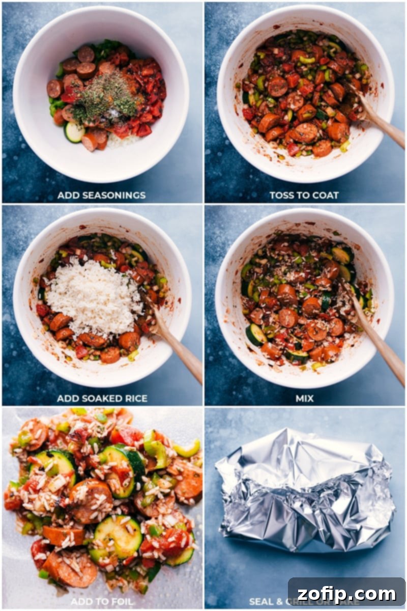 Process shots: combining the remaining ingredients for Tin Foil Jambalaya and sealing them in foil packets