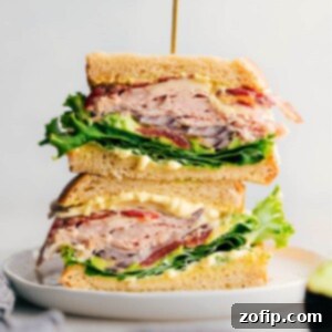 A thick and flavor-packed turkey bacon avocado sandwich made with delicious Thanksgiving leftovers, fresh vegetables, and a savory sauce.