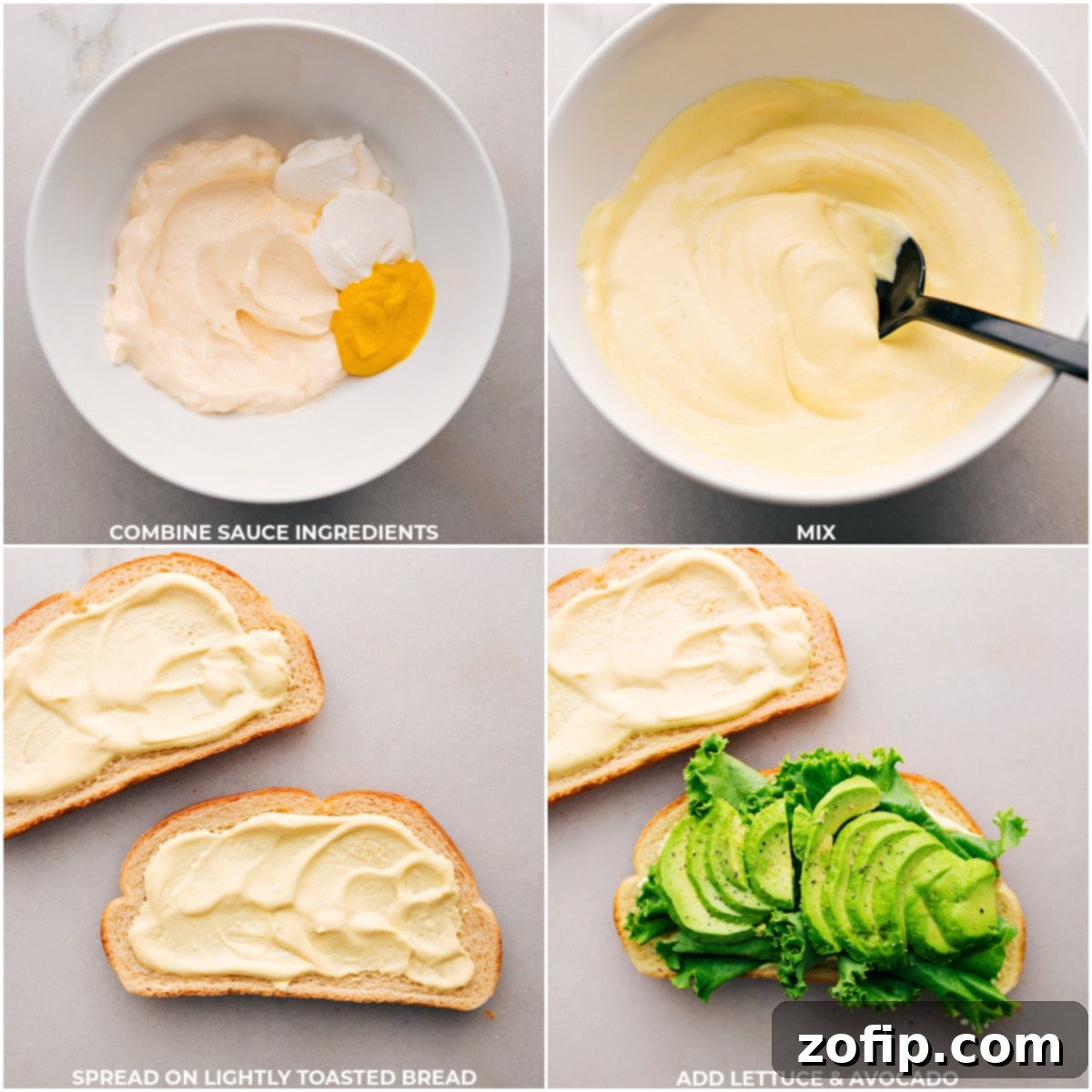 The step-by-step process of preparing the Turkey Bacon Avocado Sandwich, showing the sauce being mixed, then spread onto toasted bread, followed by layering fresh lettuce and creamy avocado.