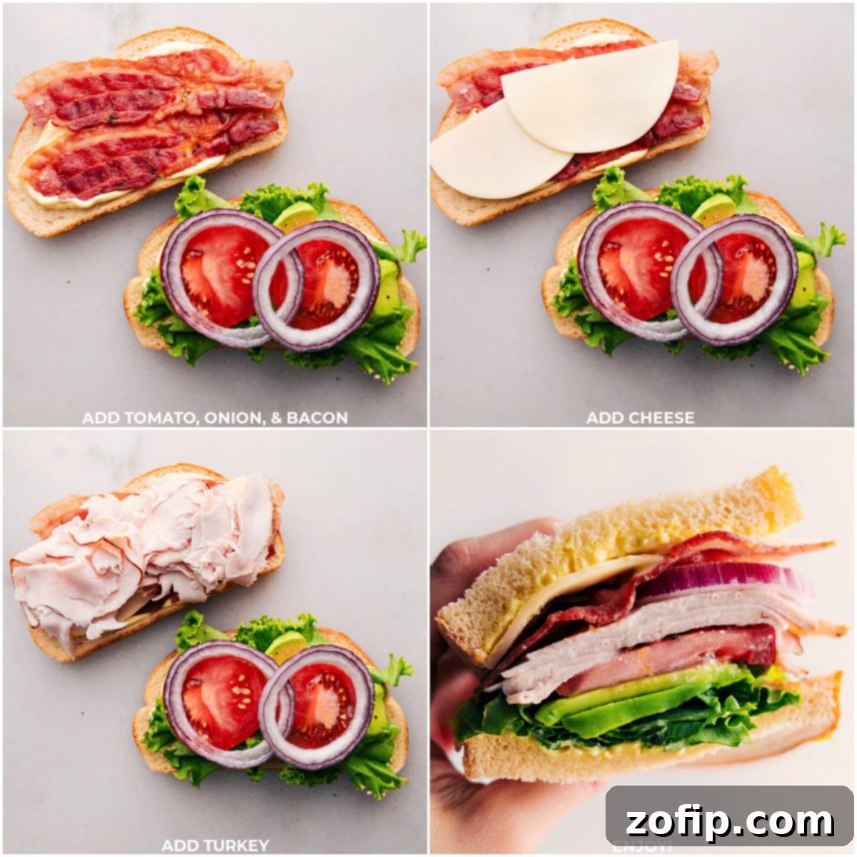 The final, beautifully assembled Turkey Bacon Avocado Sandwich, showcasing its generous layers of turkey, crispy bacon, creamy avocado, fresh vegetables, and savory sauce on toasted sourdough, ready to be enjoyed.