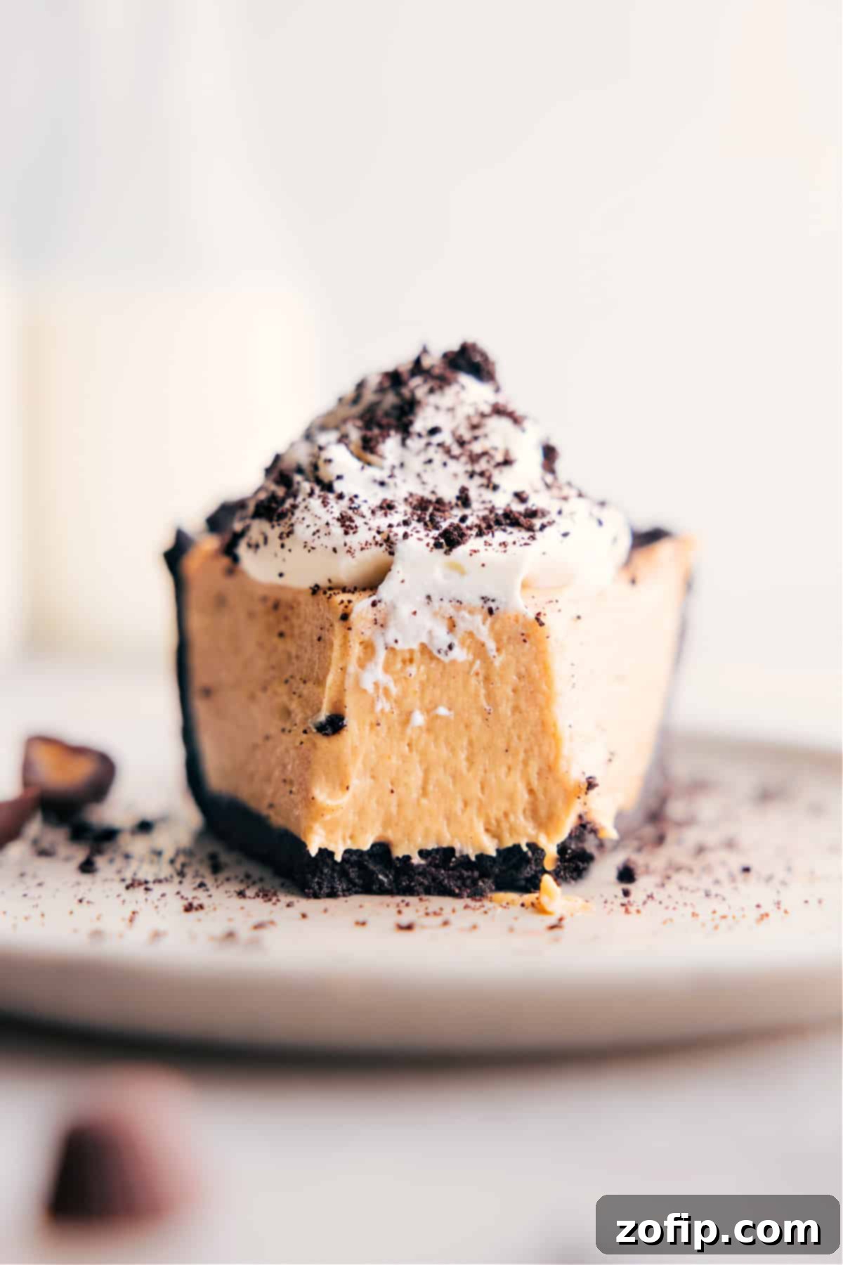 The Best Peanut Butter Pie Recipe Delicious slice of homemade Peanut Butter Pie with a rich chocolate Oreo crust, showing a creamy filling and a bite taken out