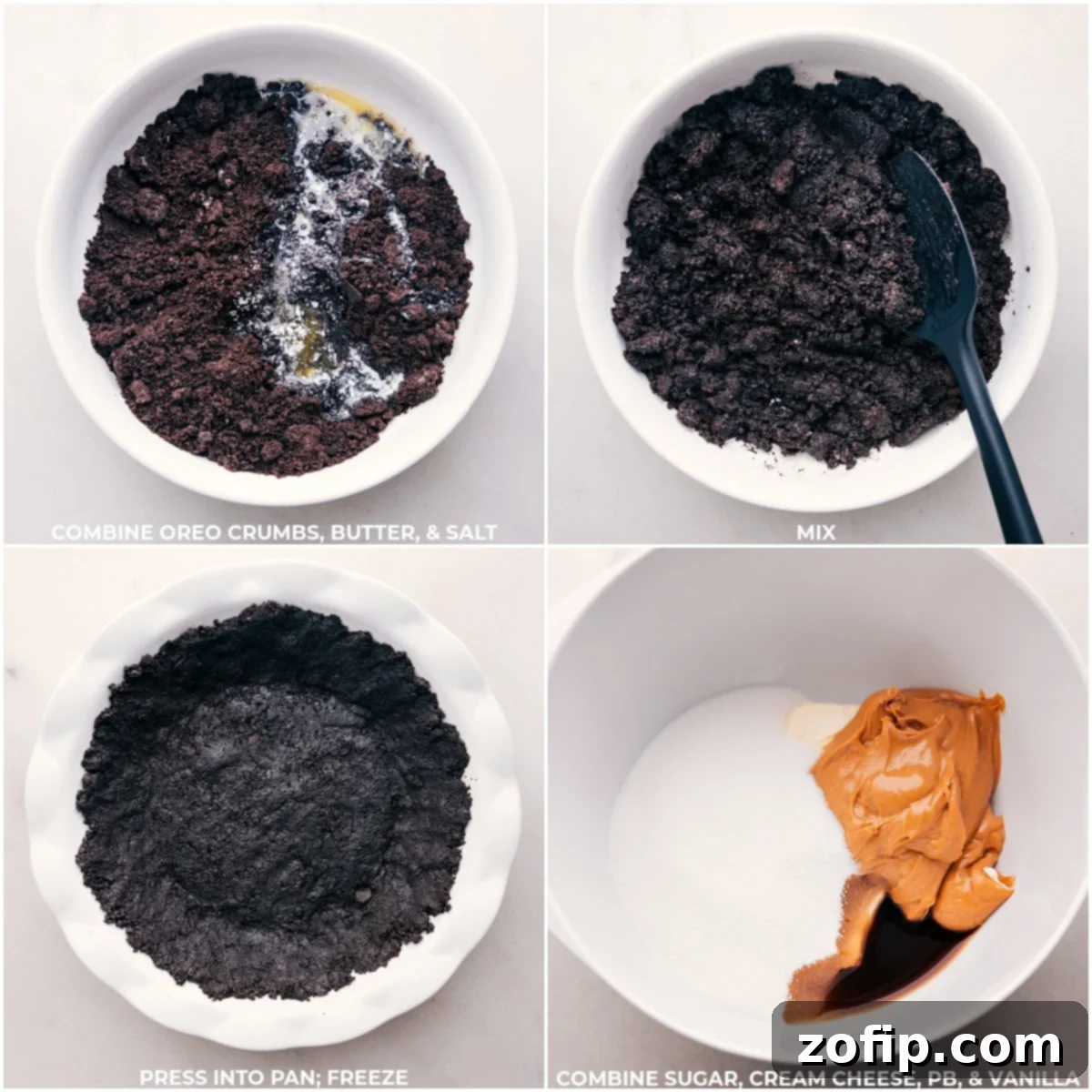 Making The Best Peanut Butter Pie Step-by-step process of making Peanut Butter Pie: Oreo crust being pressed into a pie pan, followed by the creamy peanut butter filling being mixed in a bowl