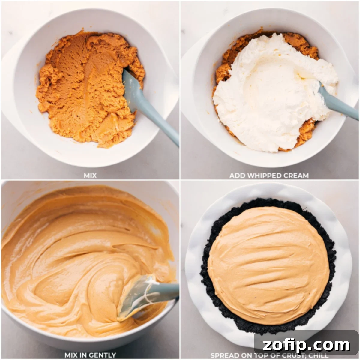 Preparing Peanut Butter Pie For Dessert Creamy peanut butter pie filling being smoothed into the prepared chocolate Oreo crust in a pie pan, ready for chilling