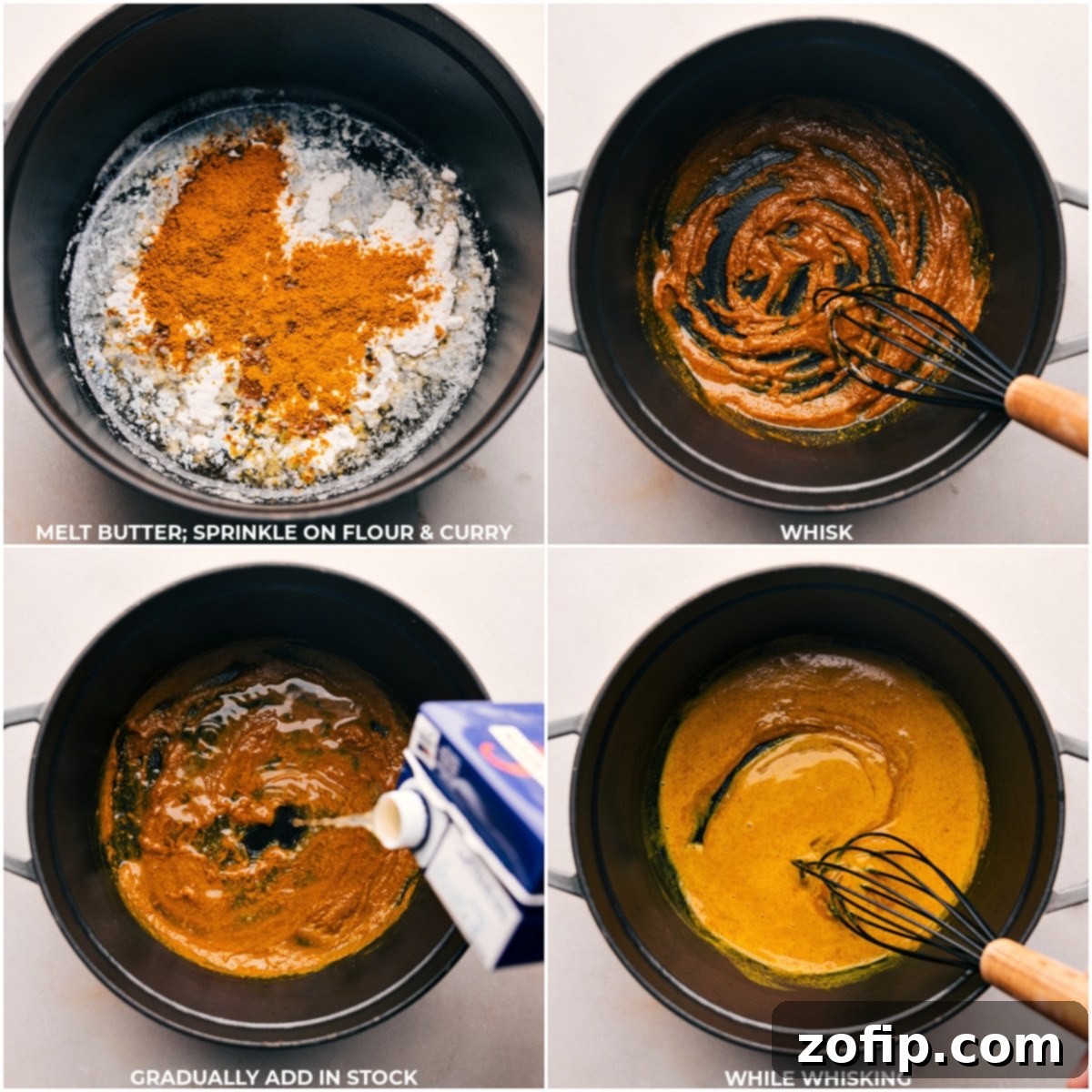 Favorite Pumpkin Curry Soup Butter, flour, and curry powder being whisked together in a large pot to form a roux, which is the base of the Pumpkin Curry Soup.