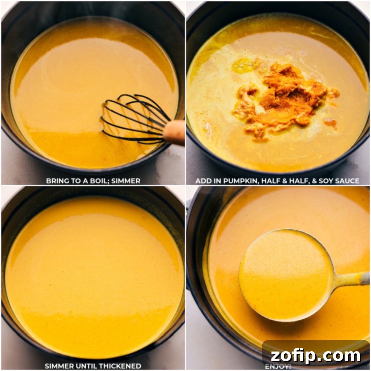 The Absolute Best Pumpkin Curry Soup The Pumpkin Curry Soup simmering in a pot, followed by images of pumpkin, half-and-half, and soy sauce being whisked into the mixture for the final touches.