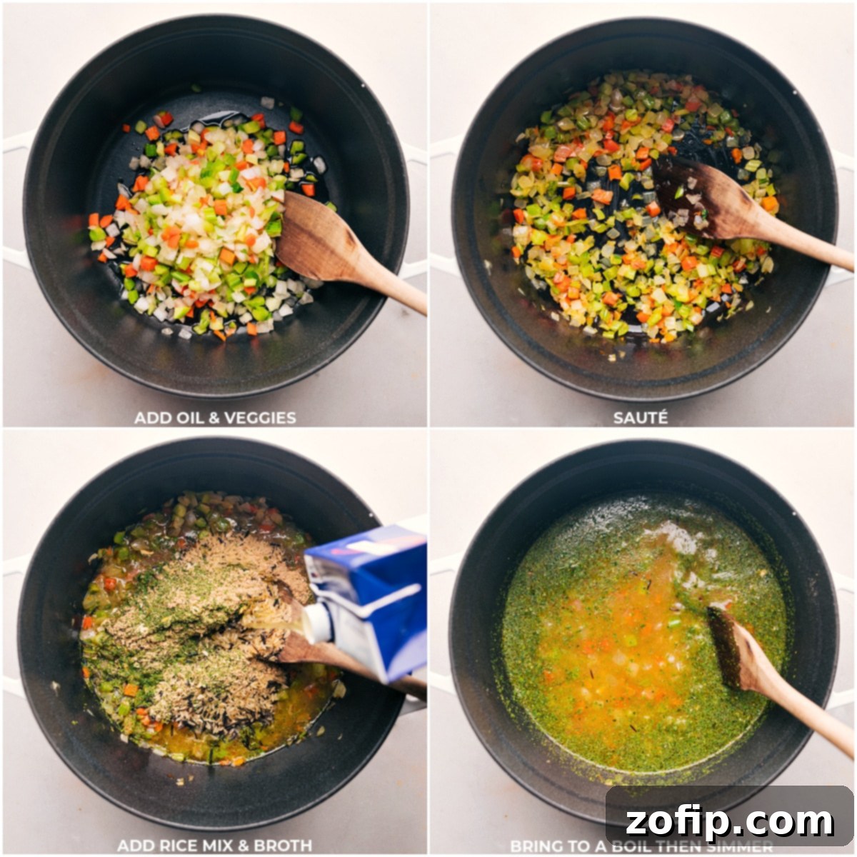 Olive oil glistening in a Dutch oven, with colorful mirepoix vegetables gently sautéing, followed by the addition of wild rice mix and rich chicken broth, simmering to create a fragrant base for the Creamy Chicken and Wild Rice Soup.
